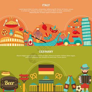 意大利德国横向横幅旅行横幅意大利德国食品饮料名胜古迹平图像与文本矢量插图图片