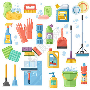 清洁供应工具平图标选择清洁用品工具配件平图标橡胶手套,海绵刷,洗涤剂矢量插图图片