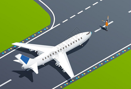 机场等距插图飞机飞带机场员工三维等距矢量图图片