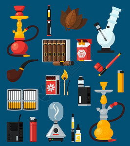 吸烟平彩色图标吸烟平彩色图标与香烟,雪茄匹配打火机,邦胡卡烟管,平矢量插图图片