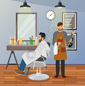 理发店平理发店平与理发师与工作工具客户椅子附近的镜子矢量插图图片