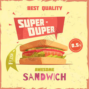 超级杜珀三明治促销海报超级羽绒三明治的最佳质量与价格标签促销海报上的纹理背景矢量插图图片
