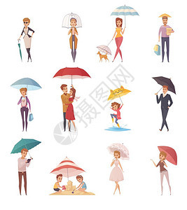 人们站伞下成人儿童站同形状大小的伞下装饰图标平矢量插图图片