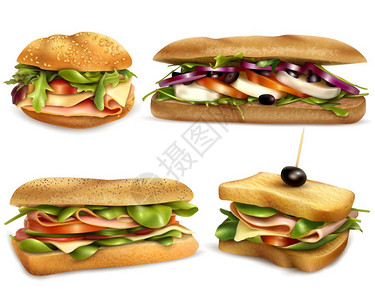 健康的新鲜配料三明治写实套装新鲜健康的全谷物三明治与奶酪火腿,马苏里拉,西红柿,洋葱橄榄,现实的矢量插图图片