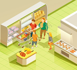 家庭杂货店购物超市等距视图家庭周末杂货店购物超市等距视图与乳制品新鲜鱼冰矢量插图图片