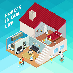 机器人等距插图家庭与机器人家务,机器帮手无人机货物交付蓝色背景等距矢量插图图片