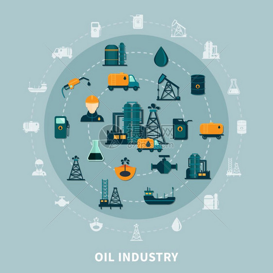 石油图标圆形成石油工业成与平图标轮廓的石油生产,运输储存设施矢量插图图片