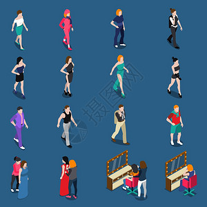 时尚模特等距集时尚模特等距与步行者各种服装上的蓝色背景孤立矢量插图图片