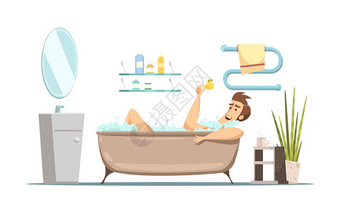 毛巾牙刷男人浴室洗澡复古卡通构图卫生与男子洗澡浴室平矢量插图插画