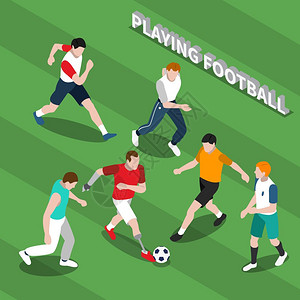 残疾人踢足球等距插图残疾人与假肢踢足球与健康的人绿色纹理背景等距矢量插图图片