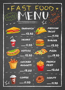 黑板上的快餐店菜单快餐店菜单上三明治,块头土豆薯条,比萨饼,甜甜圈,饮料,黑色黑板矢量插图图片