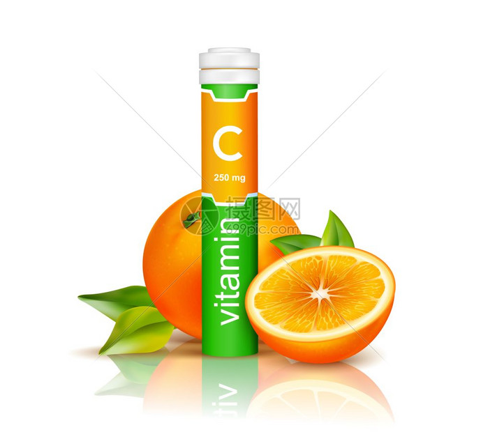 维生素C3D插图彩色塑料容器中的维生素C白色背景三维矢量插图上的绿叶橘子图片