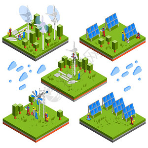 电工人员等距成方形等距景观合,由电工装太阳能电池风力机环保能源矢量插图图片