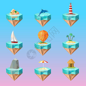 热带岛屿符号多边形图标热带岛屿符号多边形图标美丽的颜色梯度背景与棕榈帆船灯塔海豚矢量插图图片