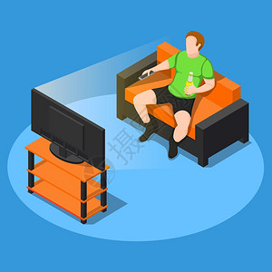 看些电视作文久坐动的生活方式等距成的露的男格与瓶啤酒沙发上看电视矢量插图图片
