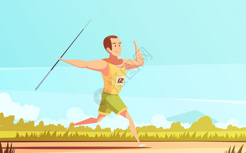标投掷者户外构图运动员复古卡通构图与男人物野外跑步标飞镖投掷矛矢图图片