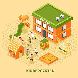 幼儿园建筑等距成幼儿园建筑等距构图,孩子们操场矢量插图上忙于运动移动游戏图片