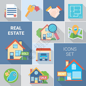 房地产代理图标房地产代理图标与购买符号平孤立矢量插图图片