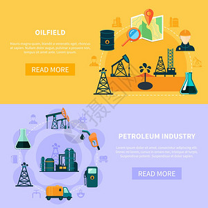 油田横幅收集两个石油工业水平横幅与平图像成文本,并阅读更多的按钮矢量插图背景图片
