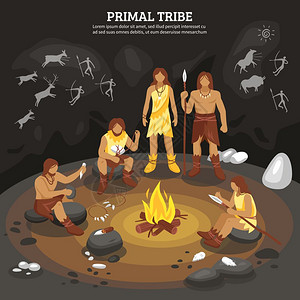 原始部落的人插图原始部落的人用洞穴绘画符号平矢量背景图片