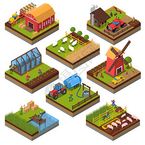 农业成分等距集农业成分等距与农场建筑车辆,牲畜渔业耕地孤立矢量插图图片