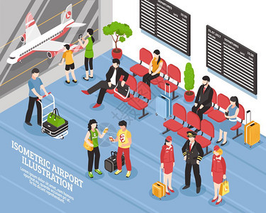 机场候机室等距海报机场飞等候区休息室等距海报与机人员乘客黑色展板矢量插图图片