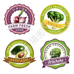 蔬菜标签套装收集机农产品标签与健康新鲜蔬菜图标平孤立矢量插图图片