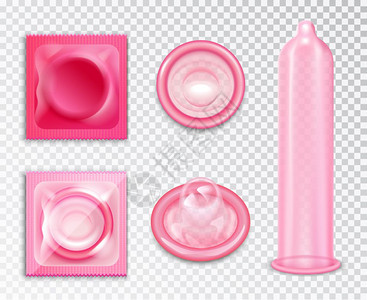 避孕套现实套粉红色避孕套包装现实隔离透明的背景矢量插图图片