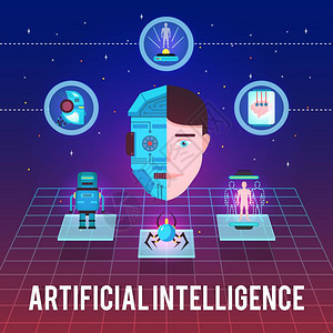 人工大脑背景成人工智能插图与电子人脸高科技图标机器人数字上的恒星背景矢量插图图片