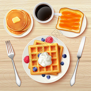 经典早餐顶景写实形象甜蜜的经典早餐与华夫饼浆果果酱烤饼黑咖啡顶部视图现实矢量插图背景图片