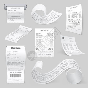 收银机打印收据真实收款收银机销售收据打印热轧纸现实样本浅灰色背景矢量插图图片