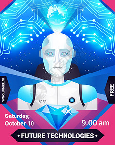 未来技术海报未来的技术海报蓝色粉红色与机器人,集成电路,地球仪钻石矢量插图图片