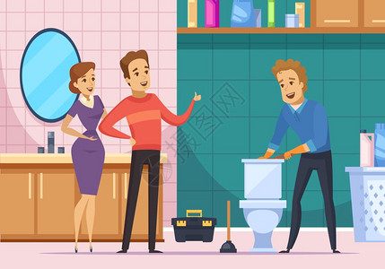 客户家庭水管工修理厕所平构图与管道工修理厕所快乐的客户家庭家庭内部卡通矢量插图图片