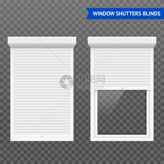窗户滚筒百叶窗窗辊百叶窗封闭开放的形式白色的透明背景矢量插图图片