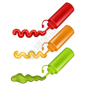 彩色塑料瓶与酱汁套彩色塑料瓶与番茄酱芥末芥末现实的矢量插图背景图片