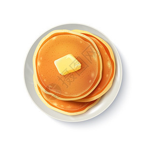 早餐现实煎饼顶部视图图像早餐食品菜单项目美味蓬松的家庭式薄煎饼与黄油板现实的顶部视图图像矢量插图图片