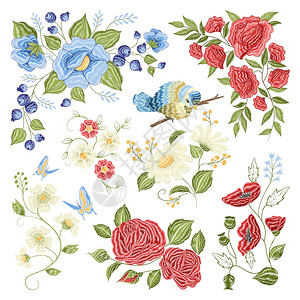 花卉刺绣彩色图案经典花卉刺绣填充图案与玫瑰,洋甘菊,蓝莓,鸟类蝴蝶彩色矢量插图图片