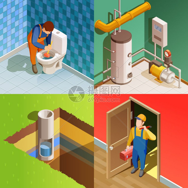 水管工4个彩色等距图标正方形管道工修复问题4彩色等距图标正方形与解开厕所与柱塞隔离矢量插图图片