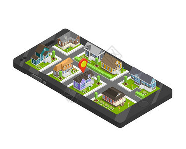 城镇建筑智能手机城镇建筑等距智能手机成与别墅房地产房屋位置标志顶部的小工具屏幕矢量插图图片