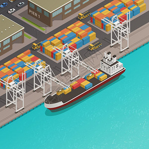 货运驳船港口码头等距港口码头货运装卸码头与停泊货物驳船堆叠集装箱等距成矢量图图片