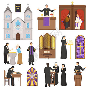宗教大教堂内部宗教平与大教堂内部元素牧师修女隔离白色背景矢量插图图片