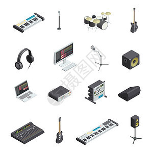 音乐工作室元素集独立的音乐录音室齿轮图标与各种乐器模块混合控制台矢量插图图片