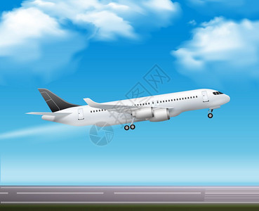乘客客机飞现实海报大型现代客机喷气式飞现实空运服务广告海报蓝天背景矢量插图图片