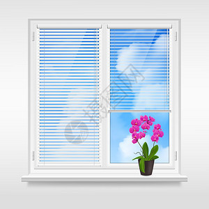 家庭窗口家庭窗口与水平百叶窗紫色花窗台蓝天背景矢量插图图片