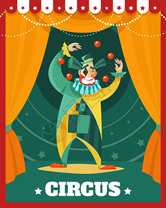 马戏小丑杂耍表演海报旅游马戏广告海报与杂耍聚光灯小丑复古卡通风格矢量插图图片