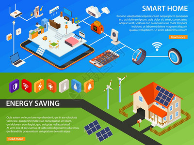 智能家居2等距横幅智能家居绿色能源发电设备物联网家庭2等距横幅网页矢量插图图片