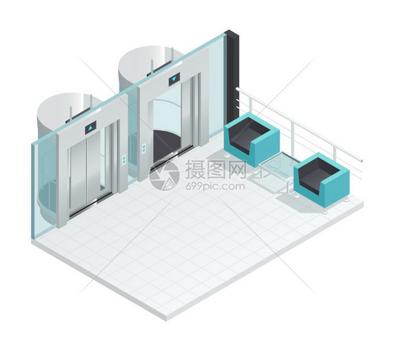 现代电梯厅内部电梯电梯等距内部与当代风格的电梯厅,两把椅子,璃隔断金属舱室矢量插图图片
