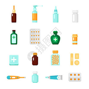 药物图标药物图标与同类型的药物医疗产品的形式液滴水泡片剂矢量插图图片