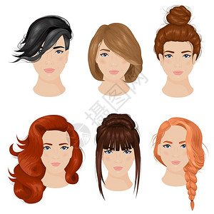 女发型创意6图标集合简单可爱的发型想法长发6图标收集与发髻辫子孤立矢量插图图片