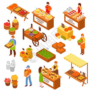 农民市场等距集市场等距的套食品柜台与农民出售奶制品,天然蜂蜜,自制奶酪,水果蔬菜,矢量插图图片